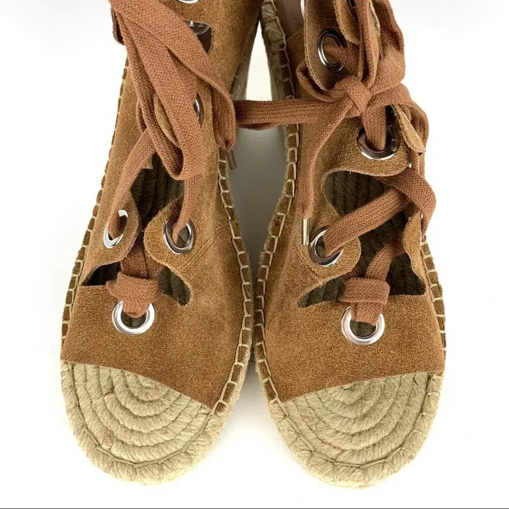 Ash Patty Suede Lace Up Espadrille Wedge Ankle Strap Cutouts Brown Size 41